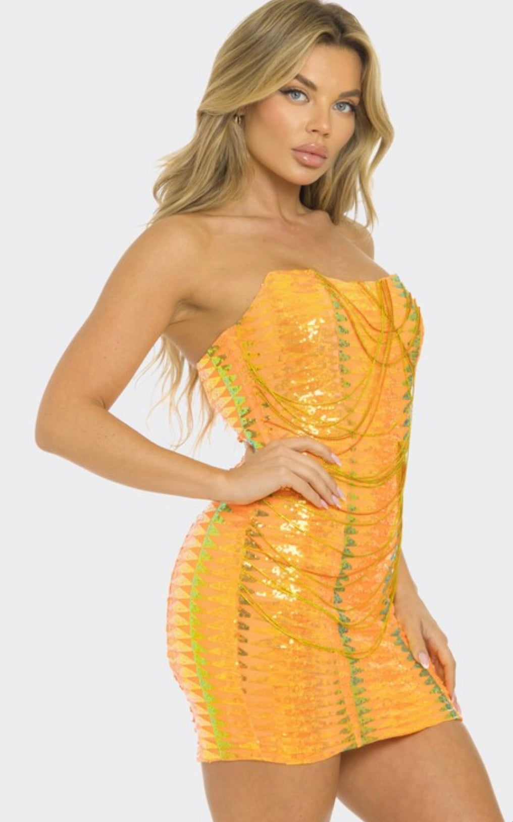 knee length dresses for ladies Orange Multi Print Sequin Mini Dress with Chain Accents – Casa Bella Gifts
