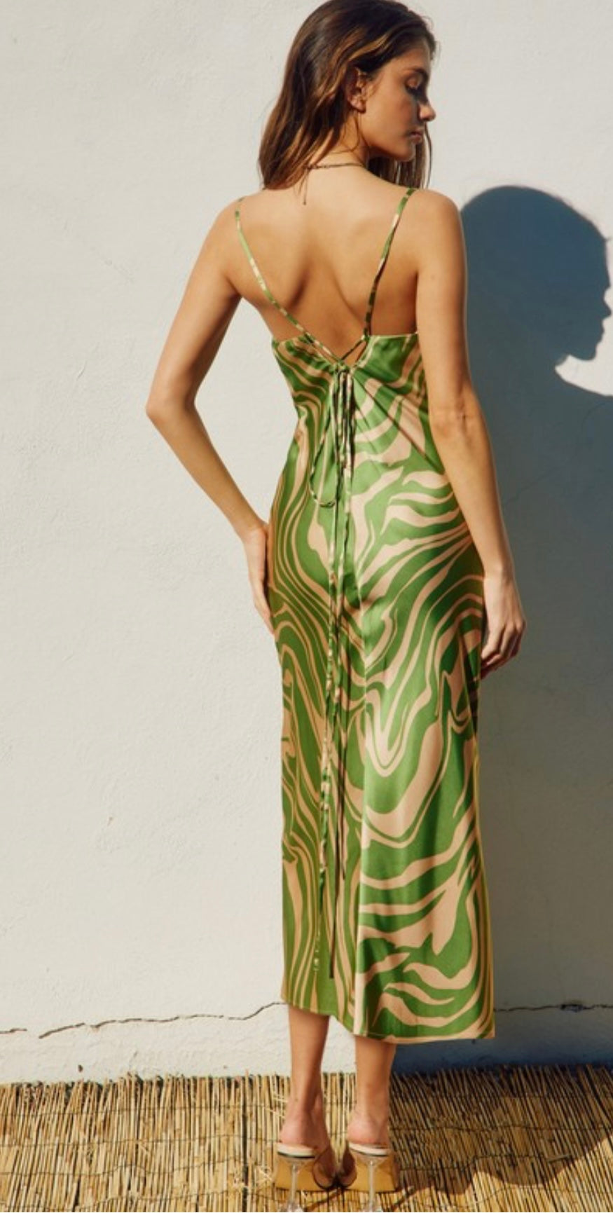 Green / Tan Modern Print, Criss Cross MIDI Dress Casa Bella Gifts Green / Tan Modern Print, Criss Cross MIDI Dress Casa Bella Gifts